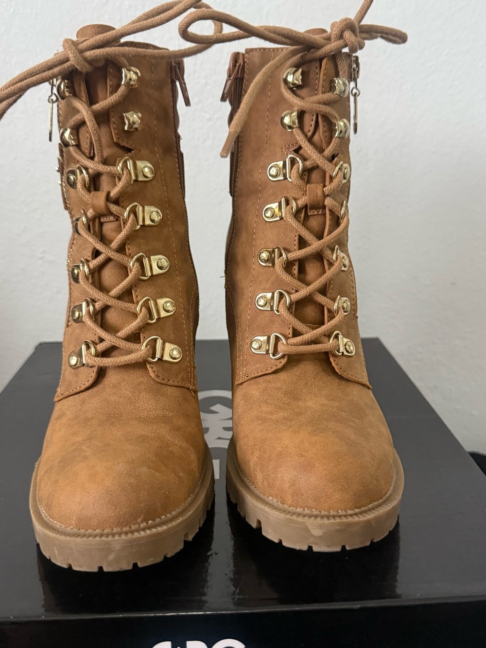 G by Guess Tan Lace-Up Combat Boots with Gold-Tone Hardware